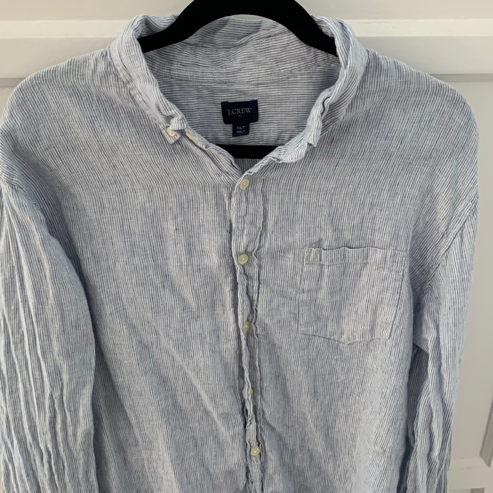 Vertically striped baby blue and white J Crew long sleeve button down. Soft